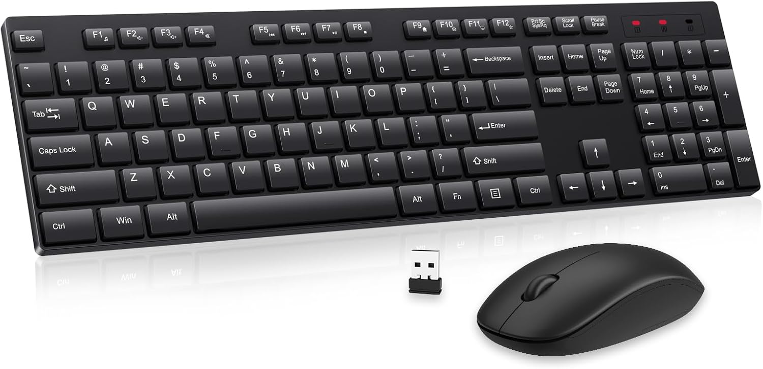 Wireless Keyboard and Mouse Combo,  Silent Full Size Cordless USB Keyboard Mouse, 2.4GHz Lag-Free, Long Battery Life, for Computer, Laptop, PC, Chromebook, Windows (Black, 1 Pack)