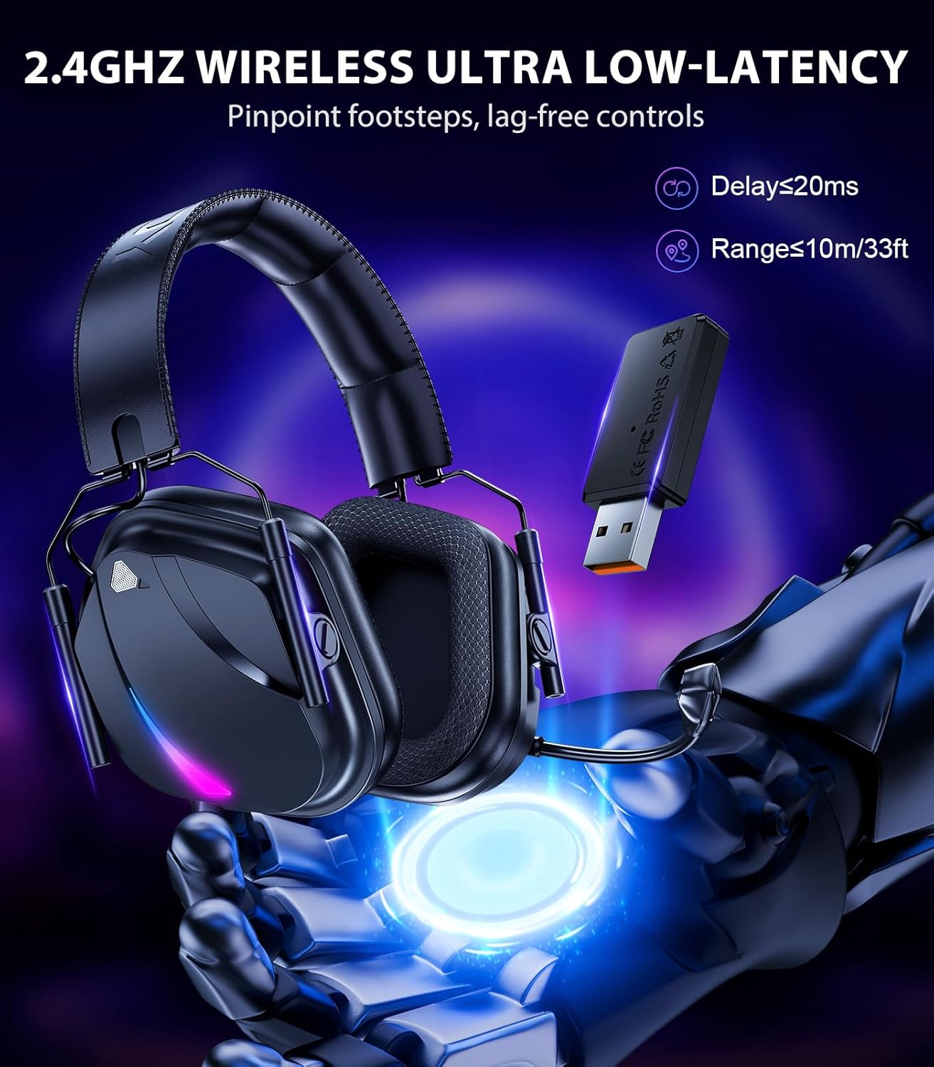 Wireless Gaming Headset for PS5, PS4, PC, 2.4GHz Low-Latency & Bluetooth 5.4 Gaming Headphone with Noise Canceling Mic, 50mm Drivers, 50H Battery Wireless Headset for Switch, Mobile, Mac