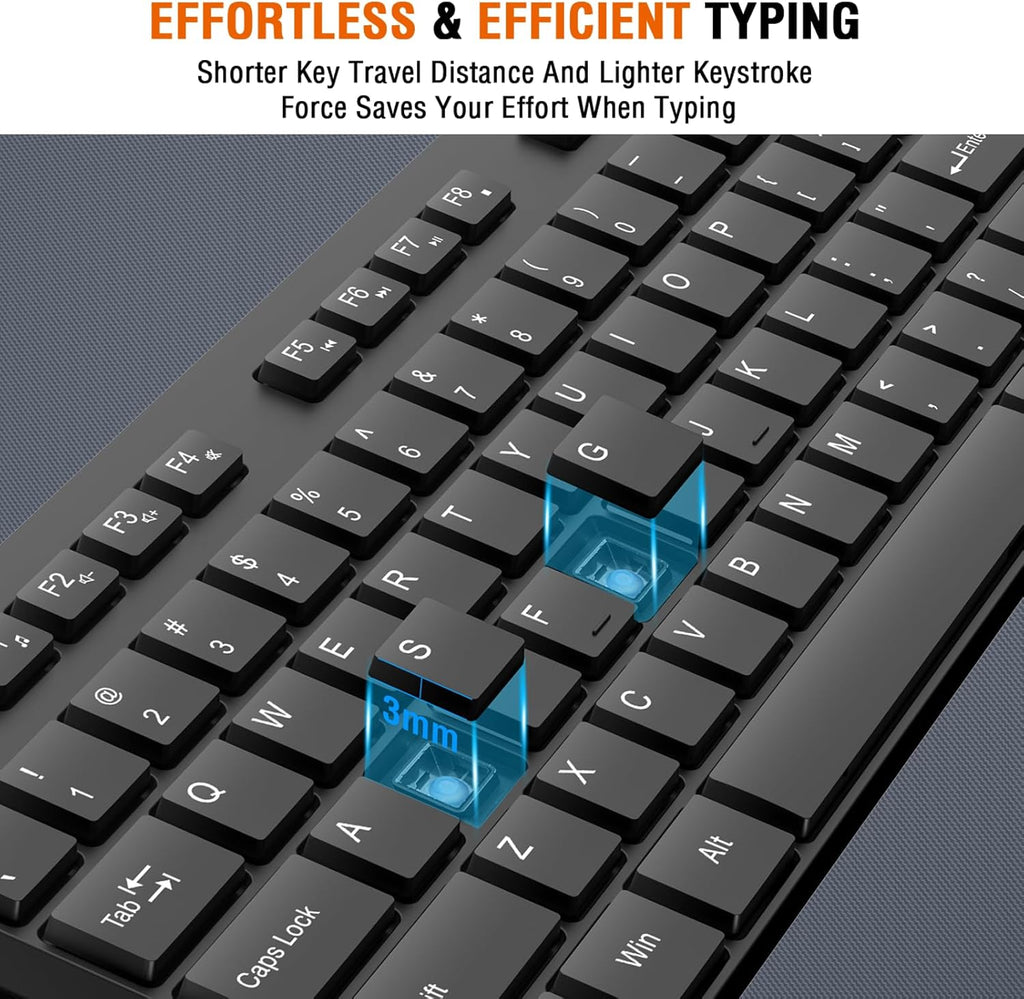 Wireless Keyboard and Mouse Combo,  Silent Full Size Cordless USB Keyboard Mouse, 2.4GHz Lag-Free, Long Battery Life, for Computer, Laptop, PC, Chromebook, Windows (Black, 1 Pack)
