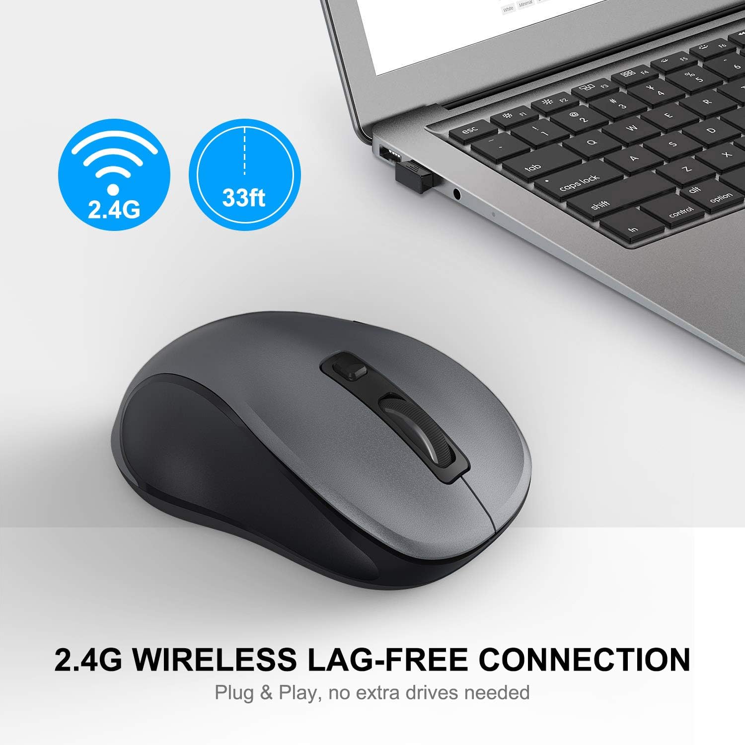 2.4G Wireless Mouse for Laptop, Ergonomic Computer Mouse with USB Receiver and 3 Adjustable Levels, 6 Button Wireless Mice for Windows Mac PC Notebook (Grey)