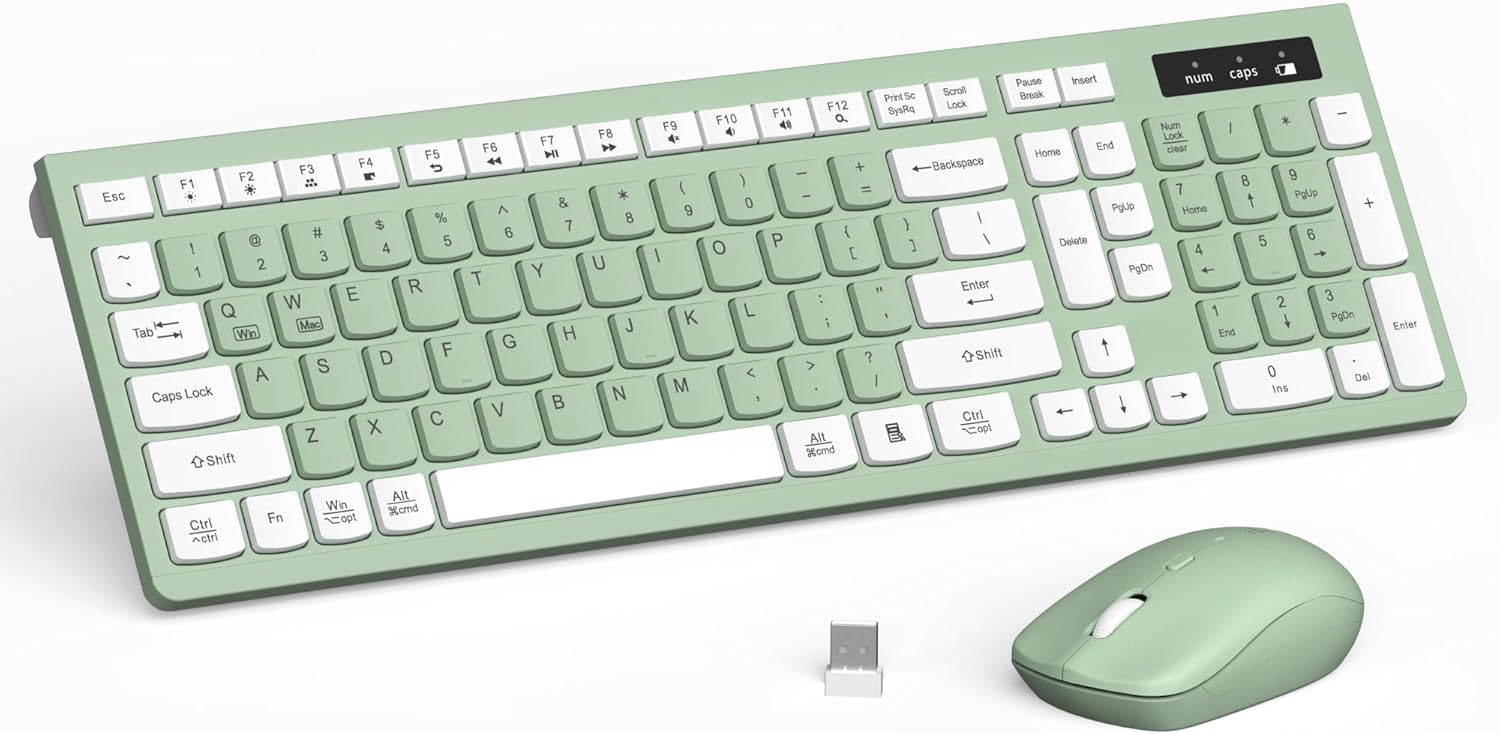 Wireless Keyboard and Mouse Combo, Full-Sized Wireless Keyboard and Adjustable DPI Mouse, 2.4GHz USB Receiver, Silent Keyboard and Mouse for PC, Windows, MAC, Desktop, Laptop (Avocado Green)