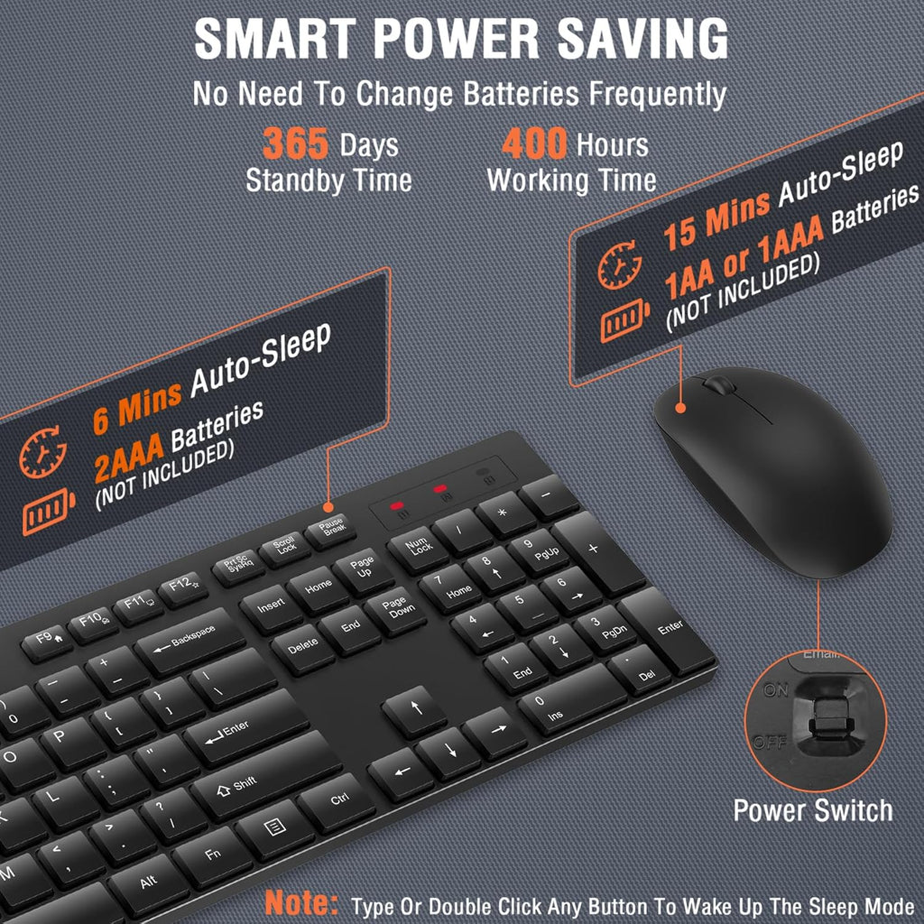 Wireless Keyboard and Mouse Combo,  Silent Full Size Cordless USB Keyboard Mouse, 2.4GHz Lag-Free, Long Battery Life, for Computer, Laptop, PC, Chromebook, Windows (Black, 1 Pack)