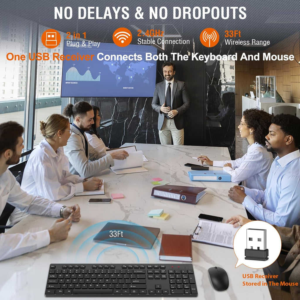 Wireless Keyboard and Mouse Combo,  Silent Full Size Cordless USB Keyboard Mouse, 2.4GHz Lag-Free, Long Battery Life, for Computer, Laptop, PC, Chromebook, Windows (Black, 1 Pack)